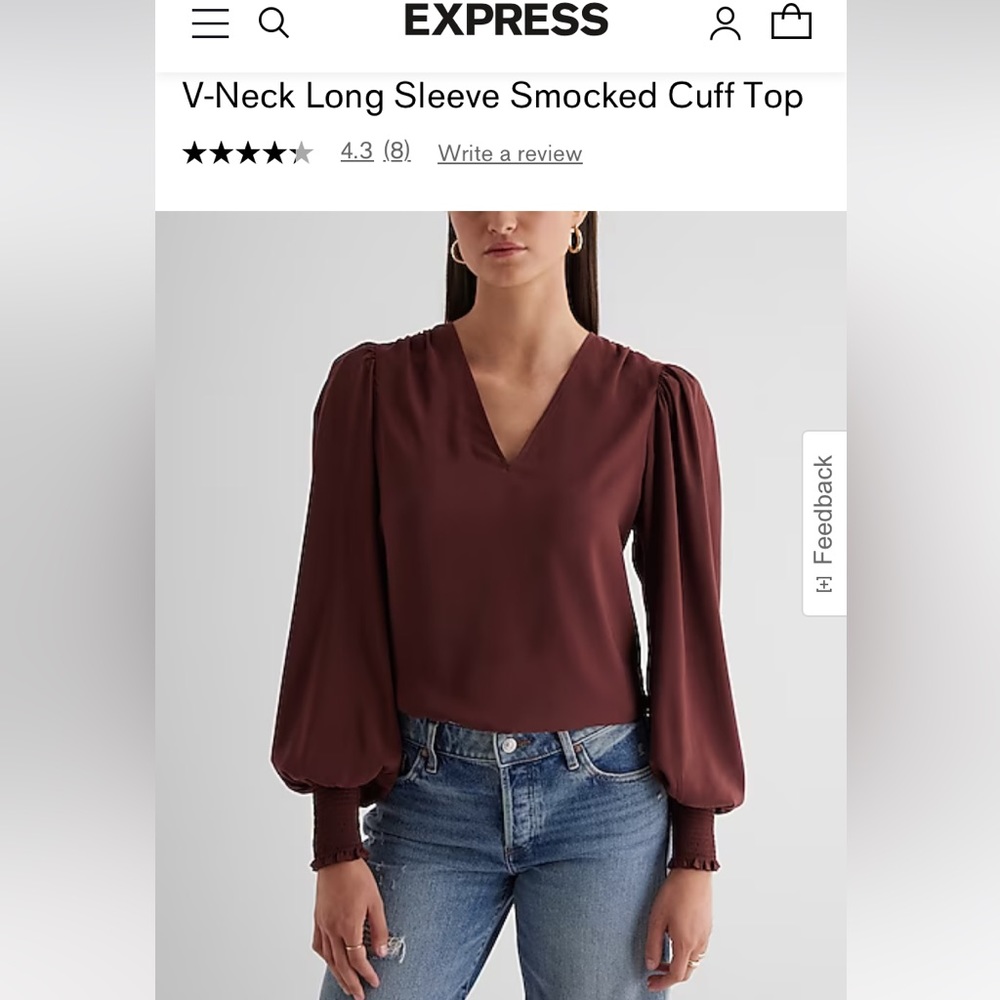 NWT EXPRESS V-NECK LONG SLEEVE SMOCKED CUFF TOP XS Brown